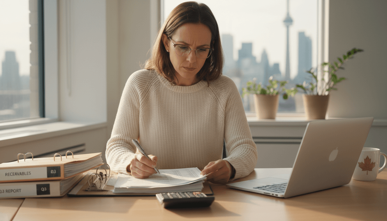 Bookkeeper reviewing financial documents at a neat desk