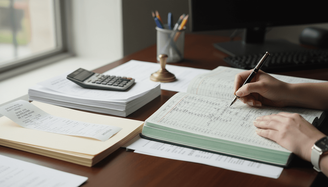 Professional bookkeeper writing in a ledger with neat stacks of receipts and invoices