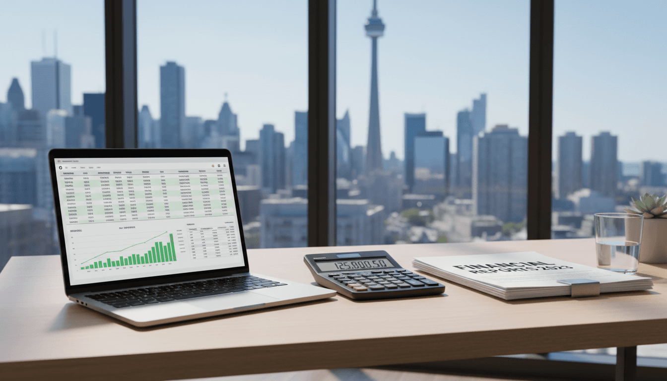 Desk with financial documents and laptop