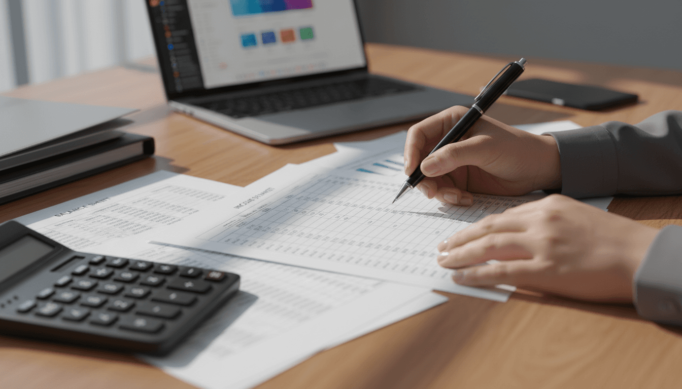 Bookkeeper examining financial documents and receipts at an organized desk
