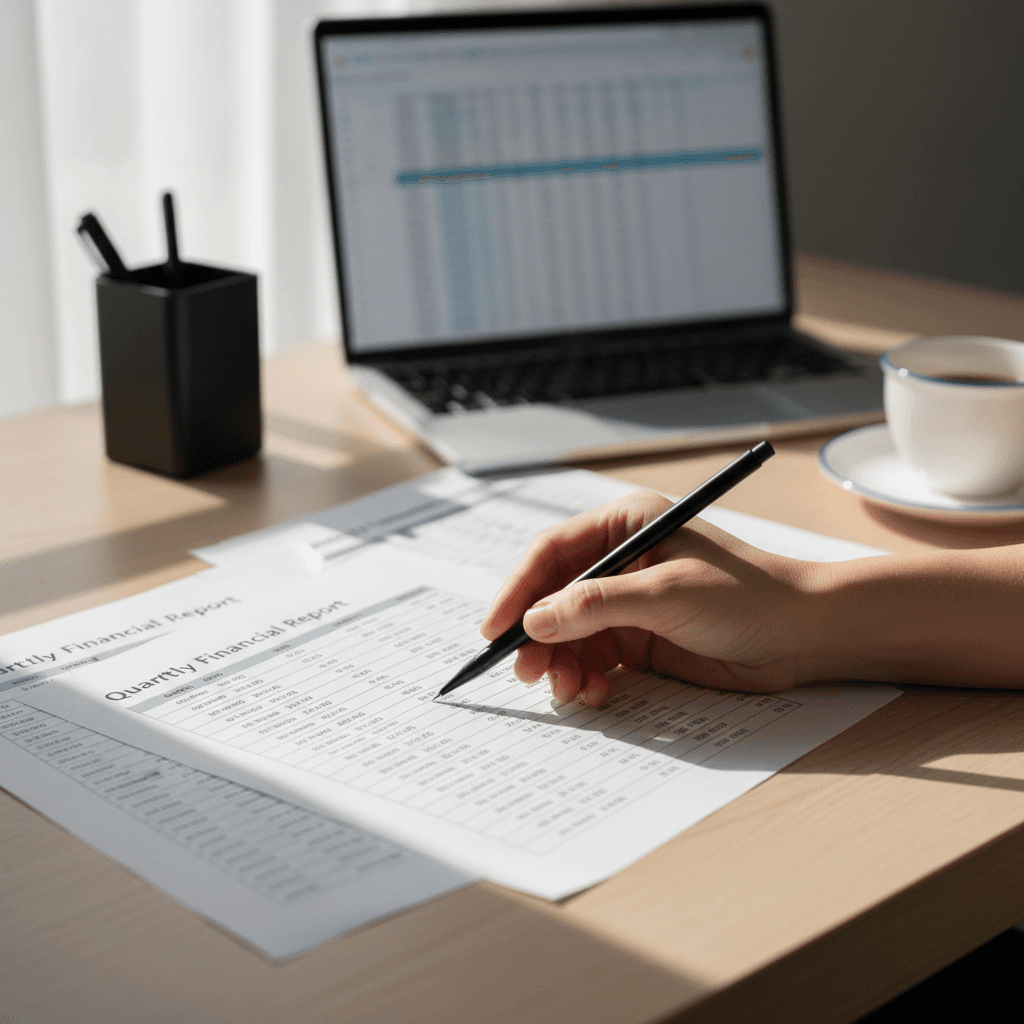 Open ledger and calculator on an organized desk with a Toronto skyline softly blurred in the background