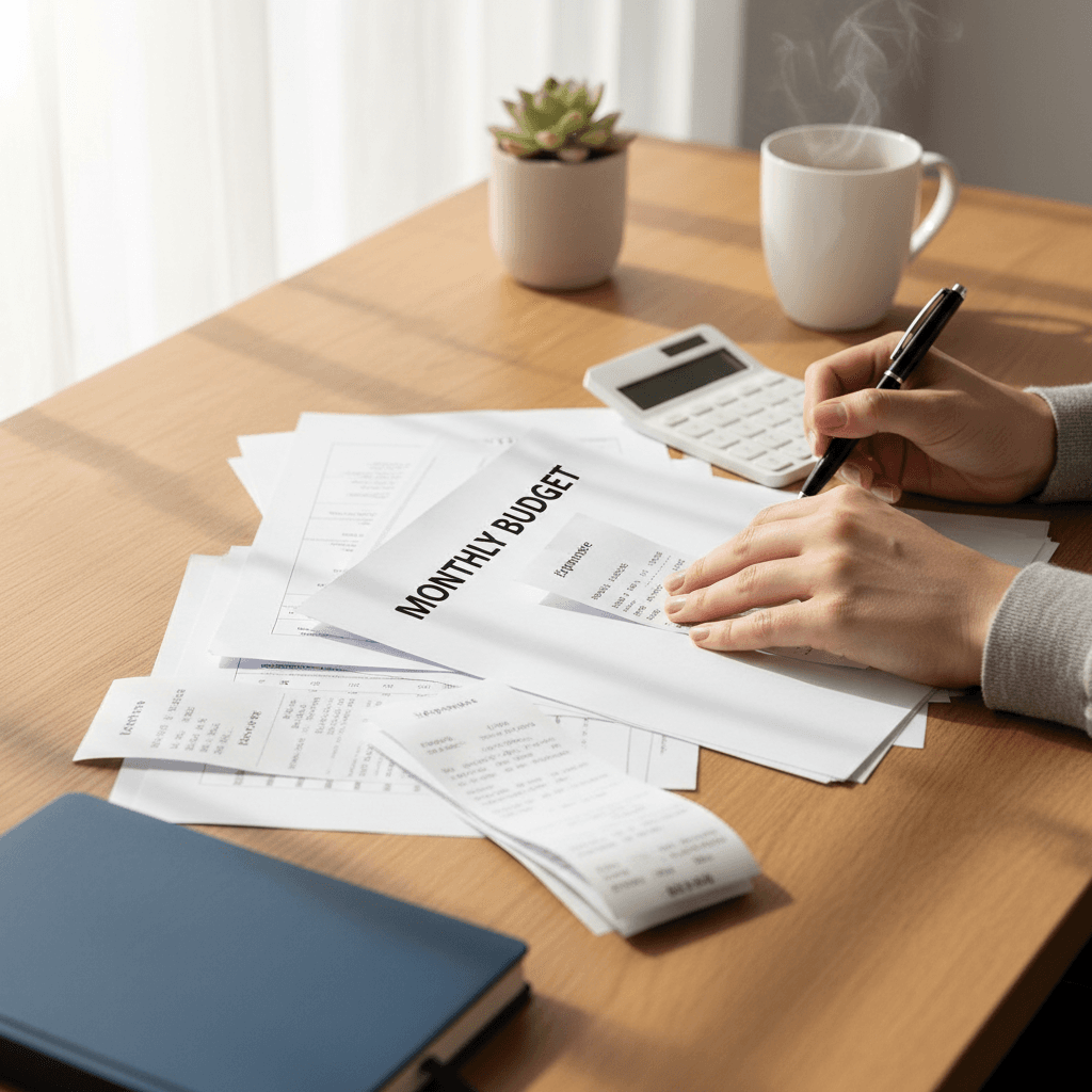 Close-up of a neat stack of labelled financial folders on a wooden desk