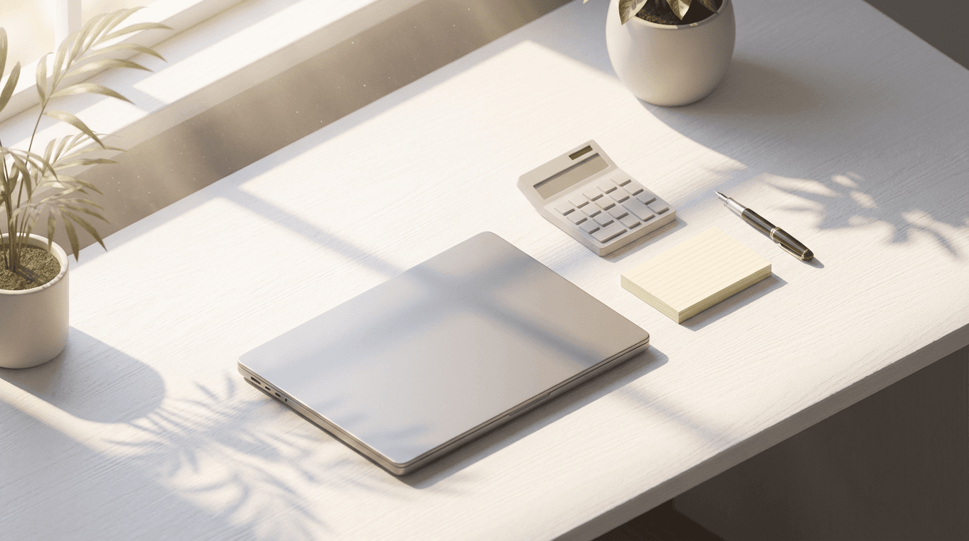 Organized desk with financial documents and calculator in warm natural light