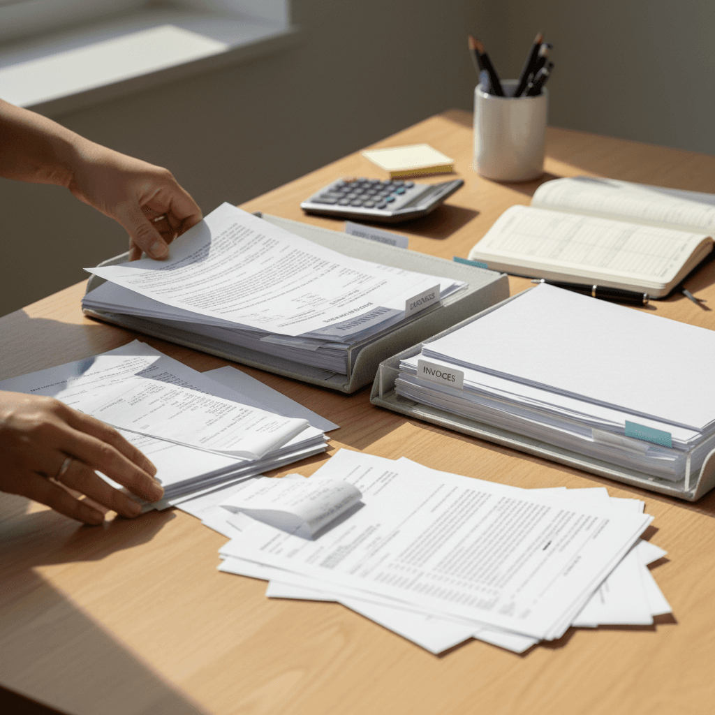 Bookkeeper organizing financial records at a tidy desk in a Toronto office