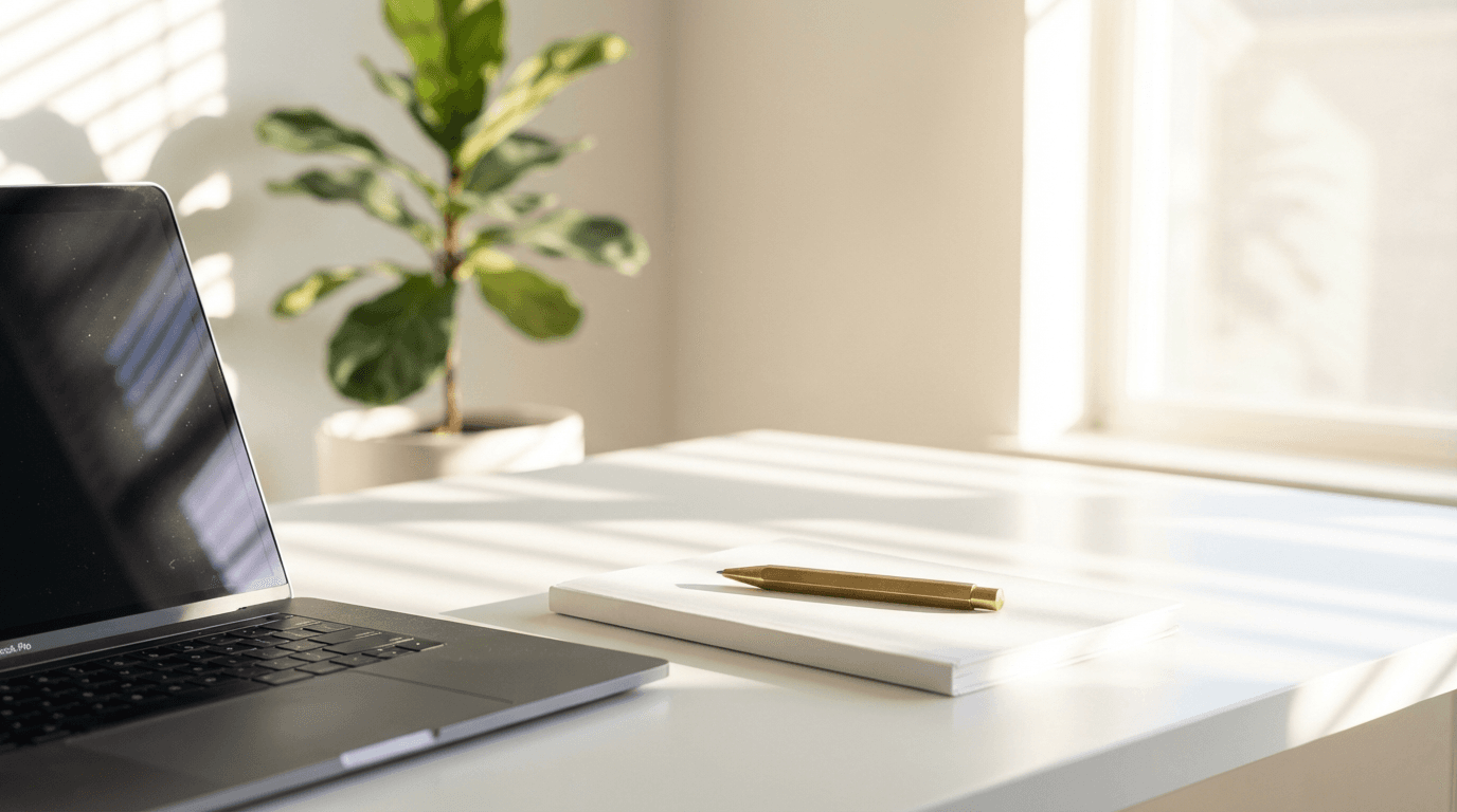 Organized desk with laptop and folders in a bright office